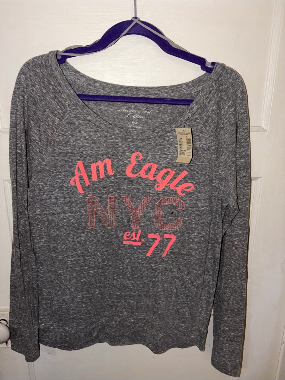 American Eagle Outfitters Gray Long Sleeve Top with Pink NYC Graphic